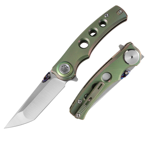 DreamTech D3915TGR front view – 3.11" satin M390 tanto folding knife with titanium handle