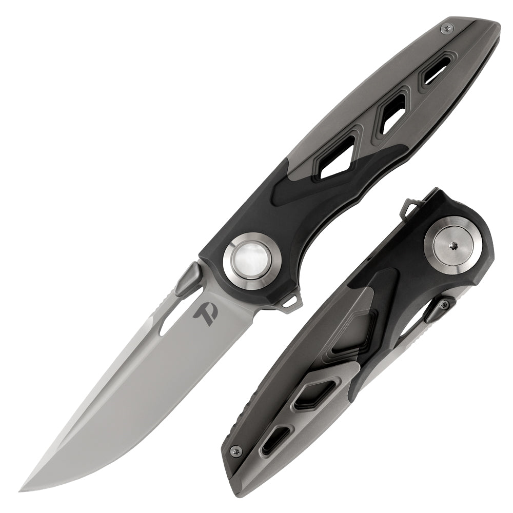 DreamTech D3931 front view – 3.5" satin M390 drop point folding knife, titanium and zirconium handle, button lock