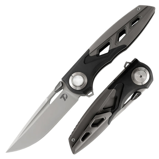 DreamTech D3931 front view – 3.5" satin M390 drop point folding knife, titanium and zirconium handle, button lock
