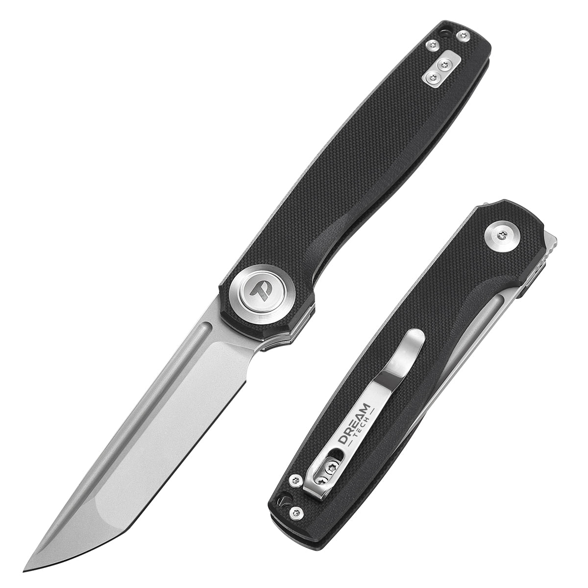 DreamTech D4002GB front view – 4.45" satin D2 tanto folding knife, black G10 handle, button lock