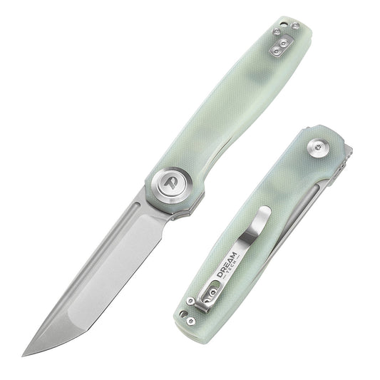 DreamTech D4002GJ front view – 4.45" satin D2 tanto folding knife, jade G10 handle, button lock