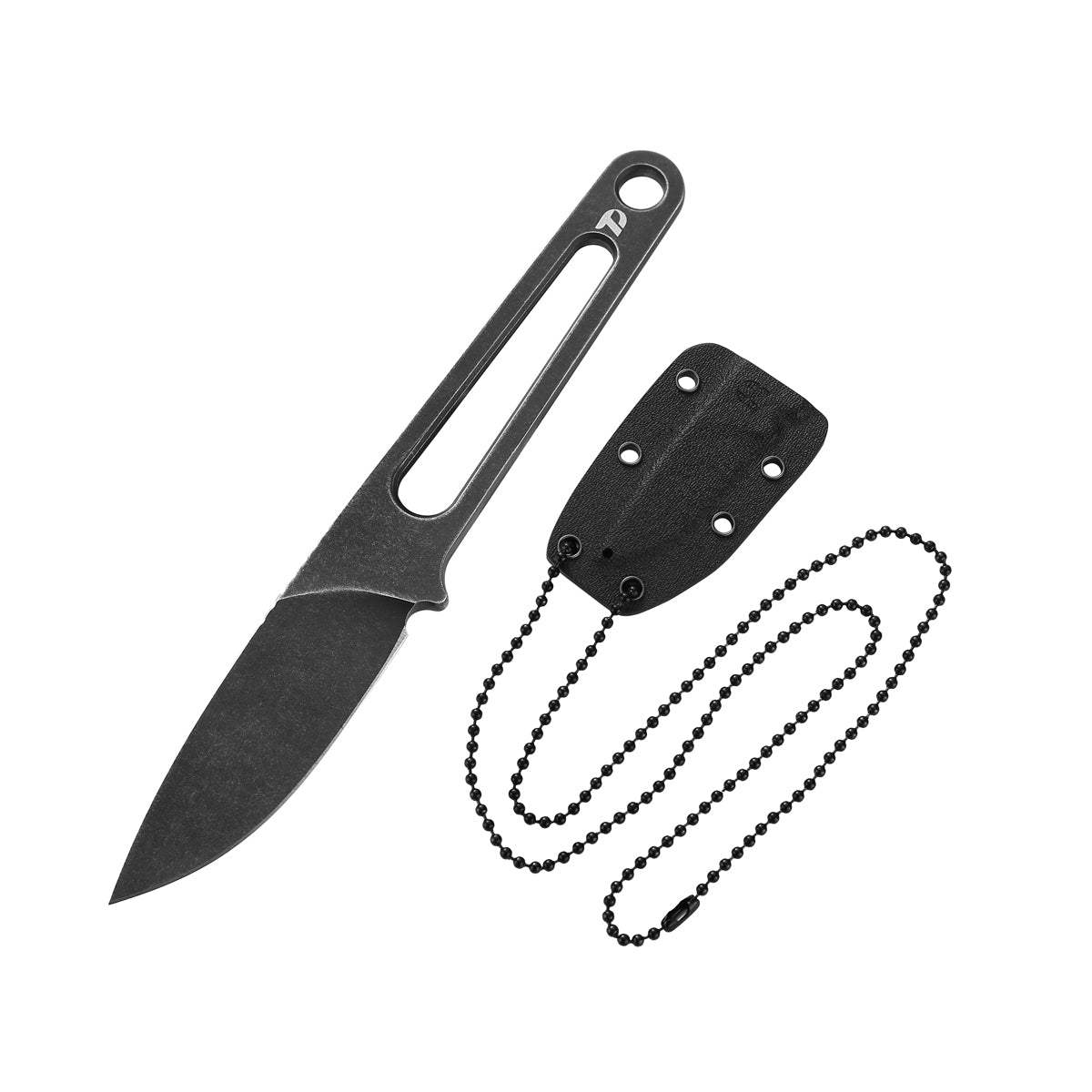 DreamTech D4038B front view – 1.97" blackwash D2 drop point skeletonized neck knife with Kydex sheath