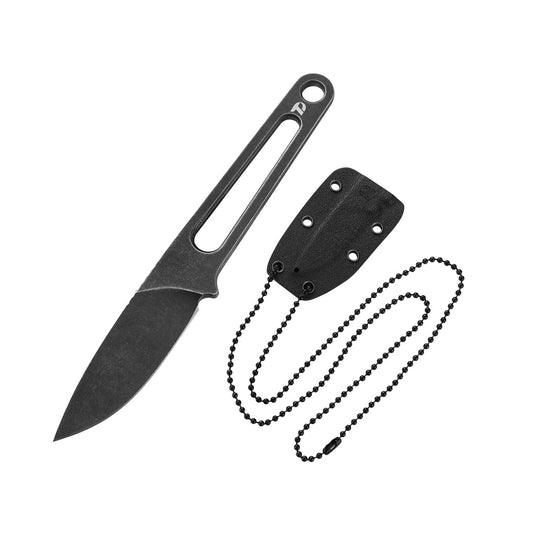 DreamTech D4038B front view – 1.97" blackwash D2 drop point skeletonized neck knife with Kydex sheath