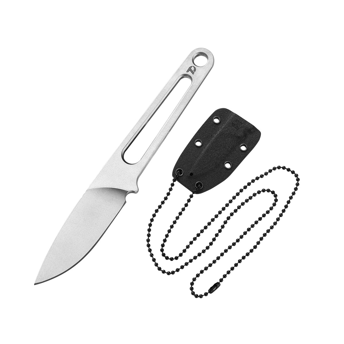 DreamTech D4038G front view – 1.97" satin D2 drop point skeletonized neck knife with Kydex sheath