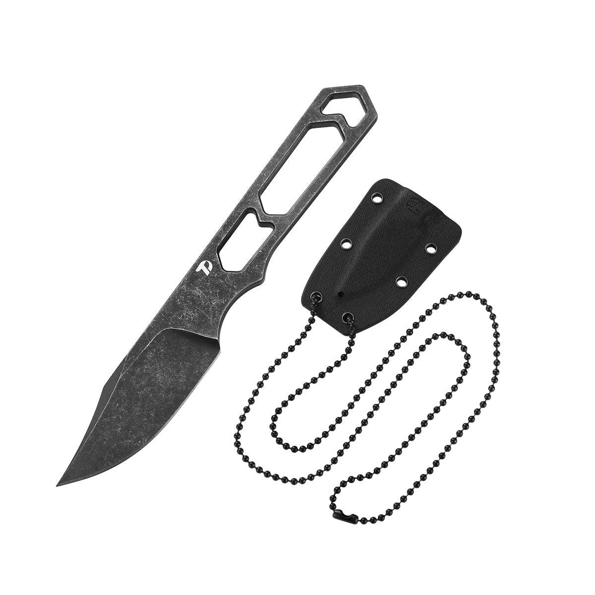 DreamTech D4039B front view – 1.97" blackwash D2 clip point skeletonized neck knife with Kydex sheath