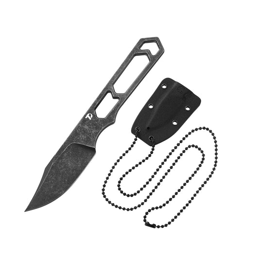 DreamTech D4039B front view – 1.97" blackwash D2 clip point skeletonized neck knife with Kydex sheath