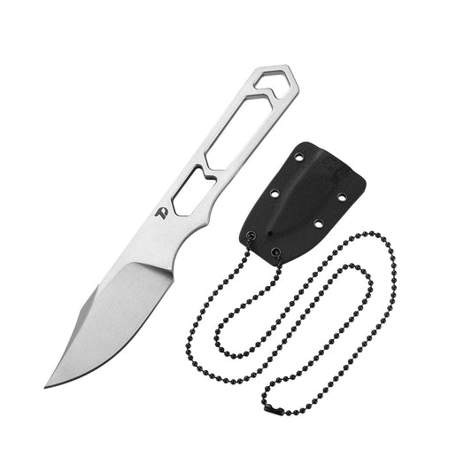 DreamTech D4039G front view – 1.97" satin D2 clip point skeletonized neck knife with Kydex sheath