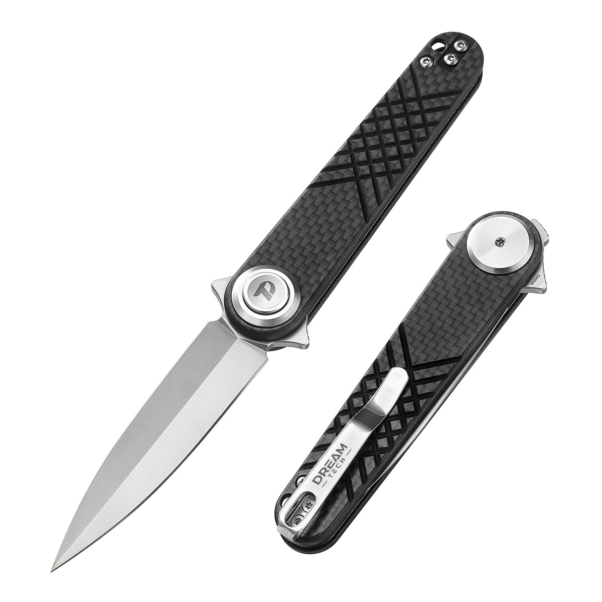 DreamTech D4052CF front view – 4.29" satin 14C28N spear point folding knife, carbon fiber handle, button lock