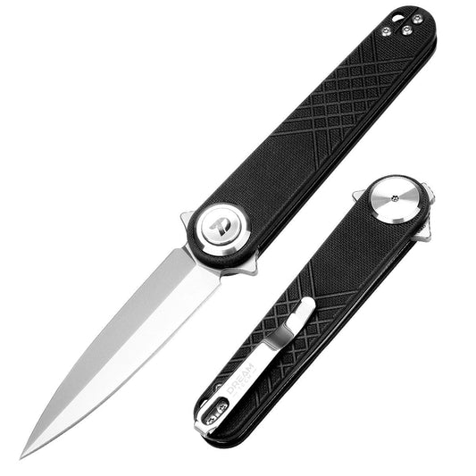 DreamTech D4052GB front view – 4.29" satin 14C28N spear point folding knife, black G10 handle, button lock