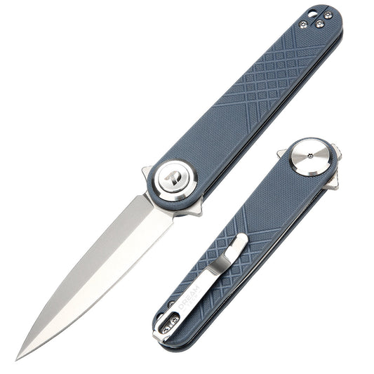 DreamTech D4052GBL front view – 4.29" satin 14C28N spear point folding knife, blue G10 handle, button lock