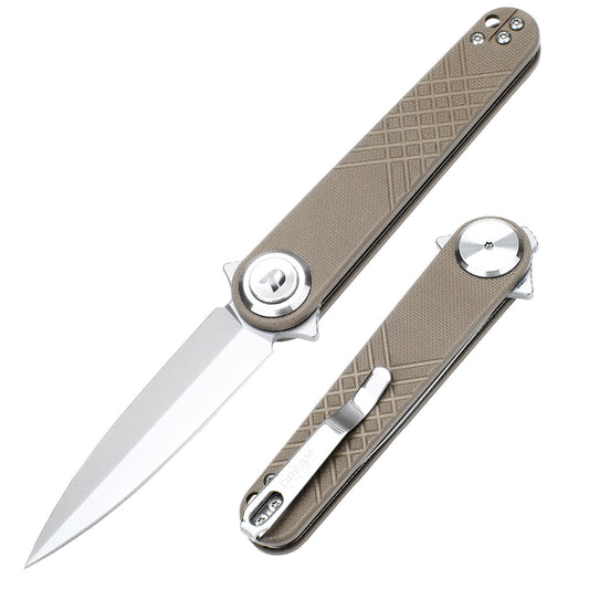 DreamTech D4052GD front view – 4.29" satin 14C28N spear point folding knife, tan G10 handle, button lock