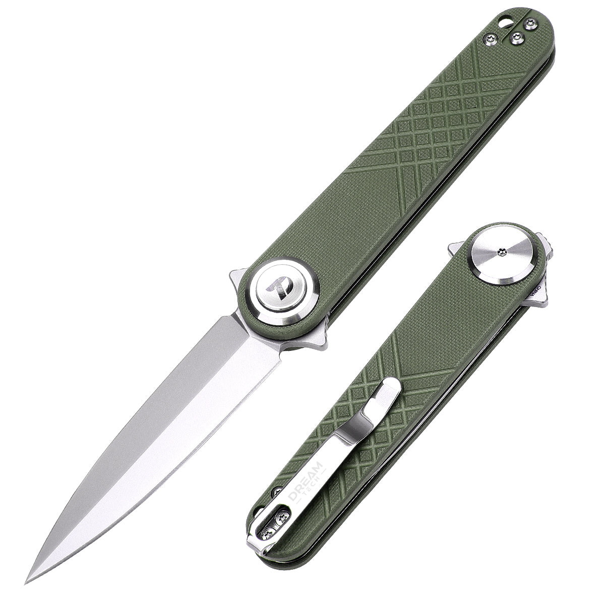 DreamTech D4052GGR front view – 4.29" satin 14C28N spear point folding knife, OD green G10 handle, button lock