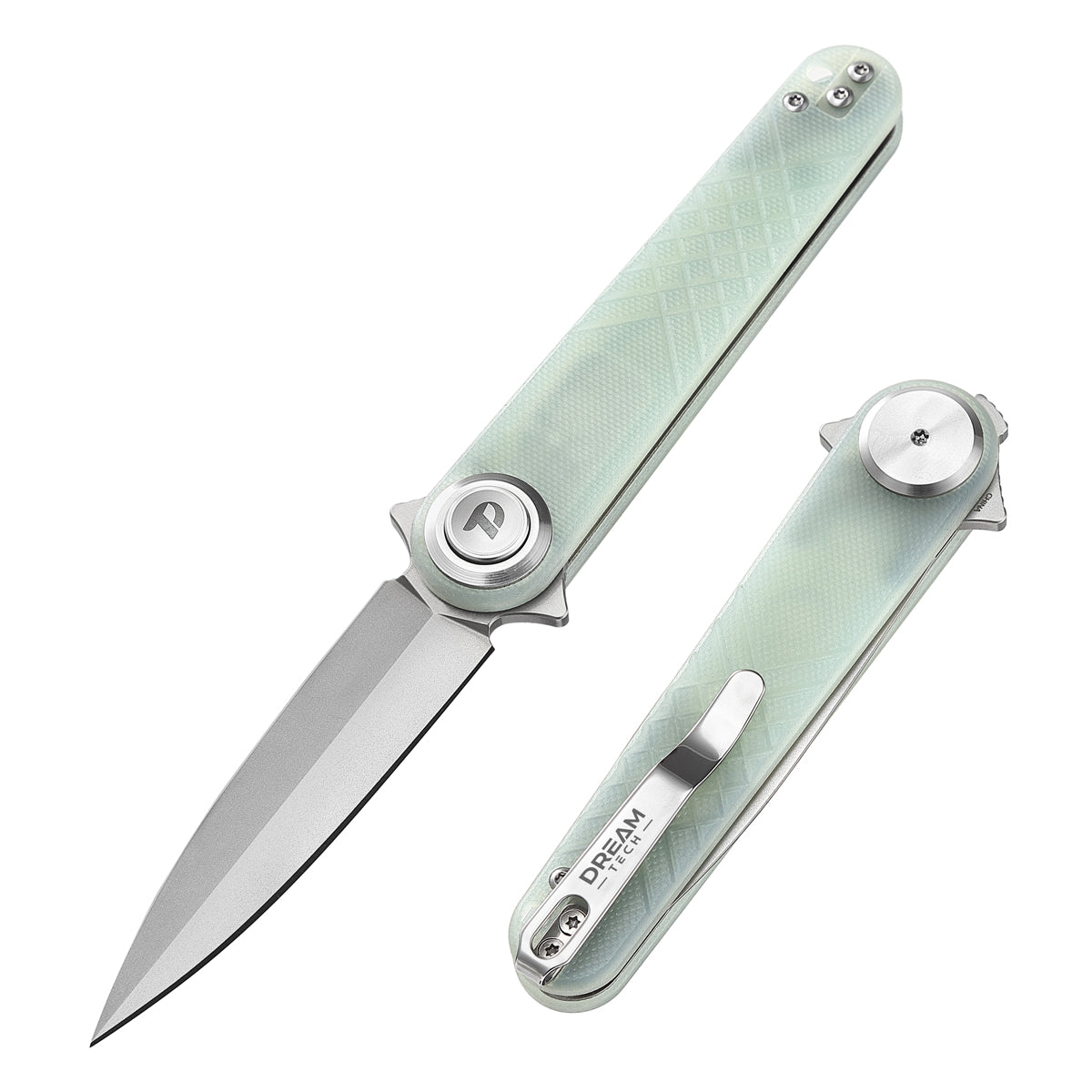 DreamTech D4052GJ front view – 4.29" satin 14C28N spear point folding knife, jade G10 handle, button lock