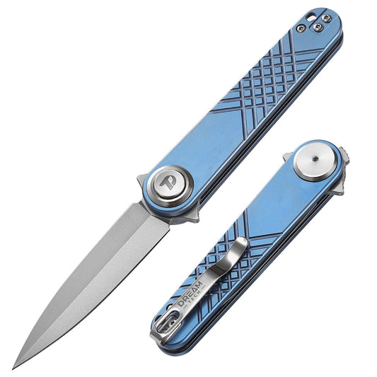 DreamTech D4052TBL front view – 4.29" satin 14C28N spear point folding knife, blue titanium handle, button lock
