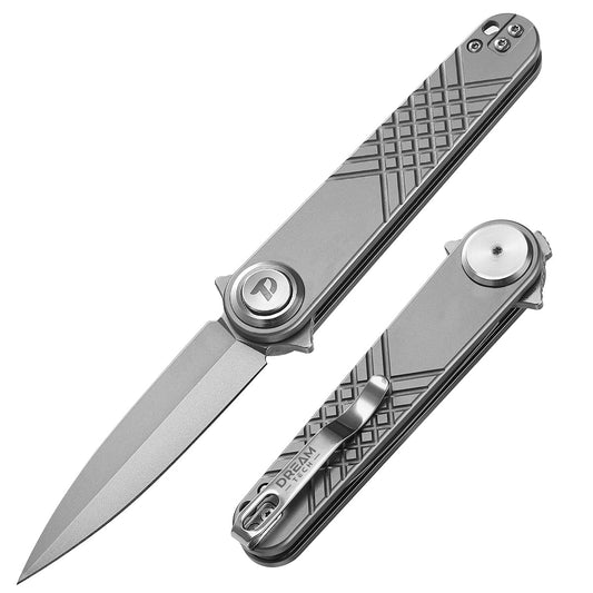 DreamTech D4052TG front view – 4.29" satin 14C28N spear point folding knife, gray titanium handle, button lock