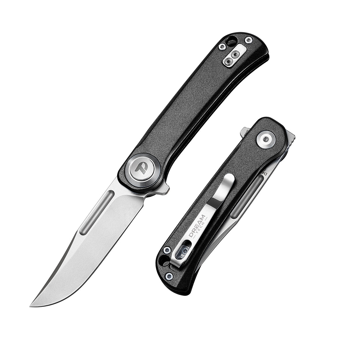 DreamTech D4055AB front view – 4.02" satin D2 drop point folding knife, black aluminum handle, button lock