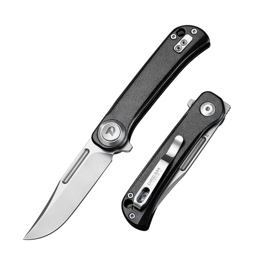 DreamTech D4055AB front view – 4.02" satin D2 drop point folding knife, black aluminum handle, button lock