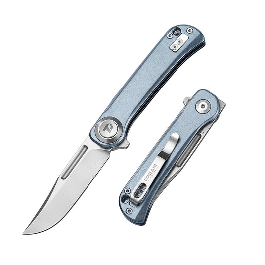 DreamTech D4055AG front view – 4.02" satin D2 drop point folding knife, blue-gray aluminum handle, button lock