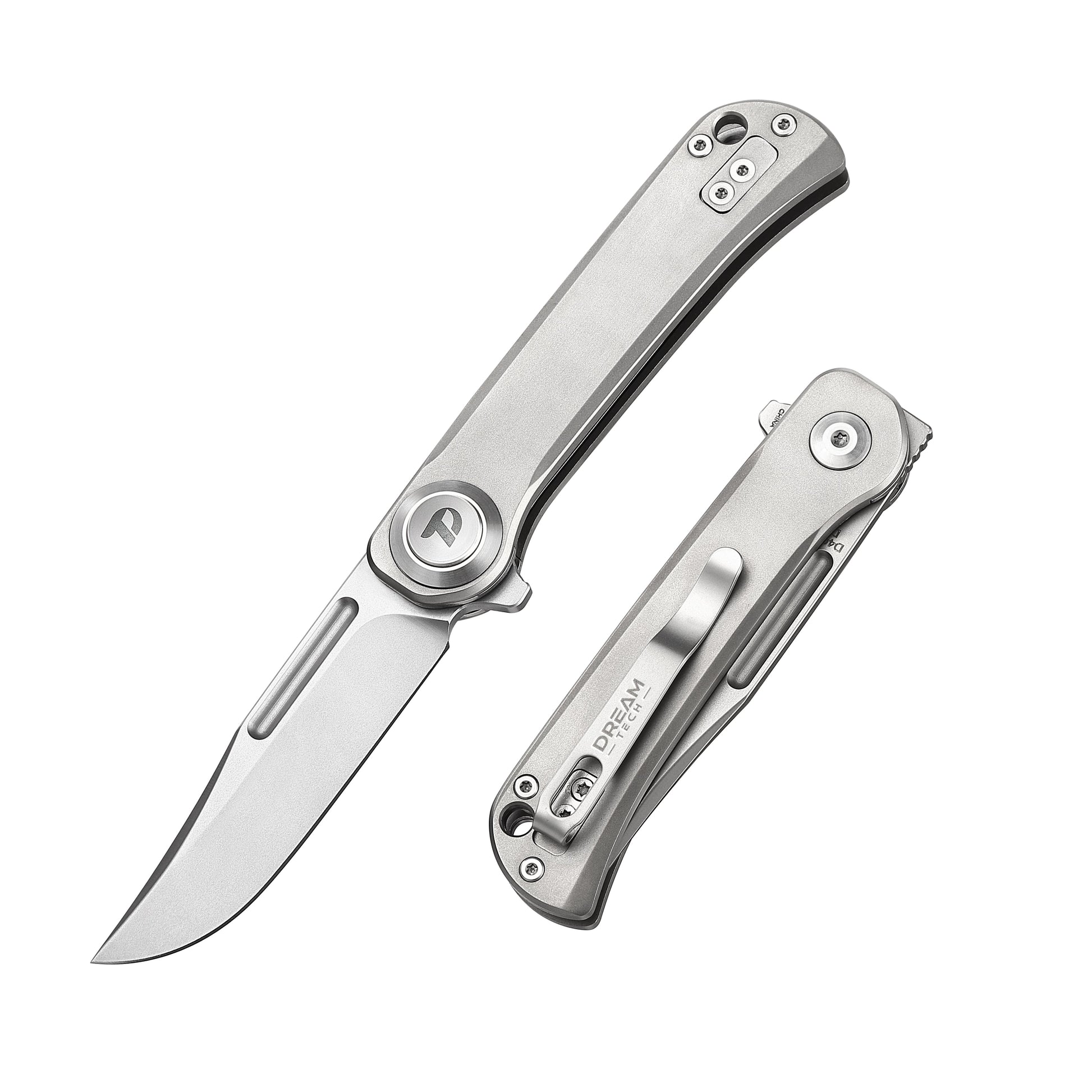 DreamTech D4055TG front view – 4.02" satin D2 drop point folding knife, gray titanium handle, button lock