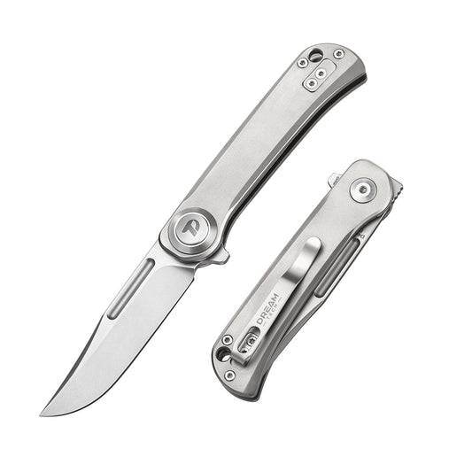 DreamTech D4055TG front view – 4.02" satin D2 drop point folding knife, gray titanium handle, button lock