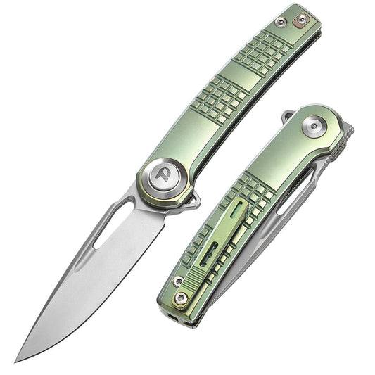 DreamTech D4129TGR front view – 3.15″ M390 folding knife with green TC4 titanium handle and button lock
