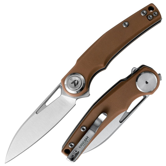 DreamTech D4130GBR front view – 3.15" satin D2 drop point folding knife, brown G10 handle, button lock
