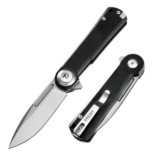 DreamTech D4134GB front view – 3.98" satin D2 drop point folding knife, black G10 handle, button lock