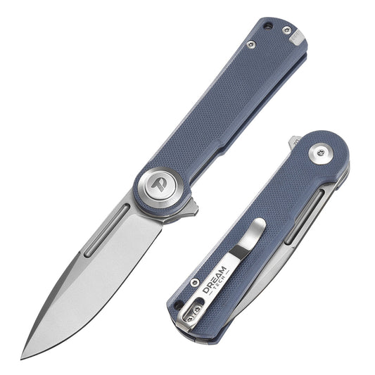 DreamTech D4134GBL front view – 3.98" satin D2 drop point folding knife, blue G10 handle, button lock
