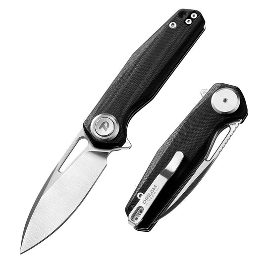 DreamTech D4211GB front view – 4.25" satin D2 drop point folding knife, black G10 handle, button lock