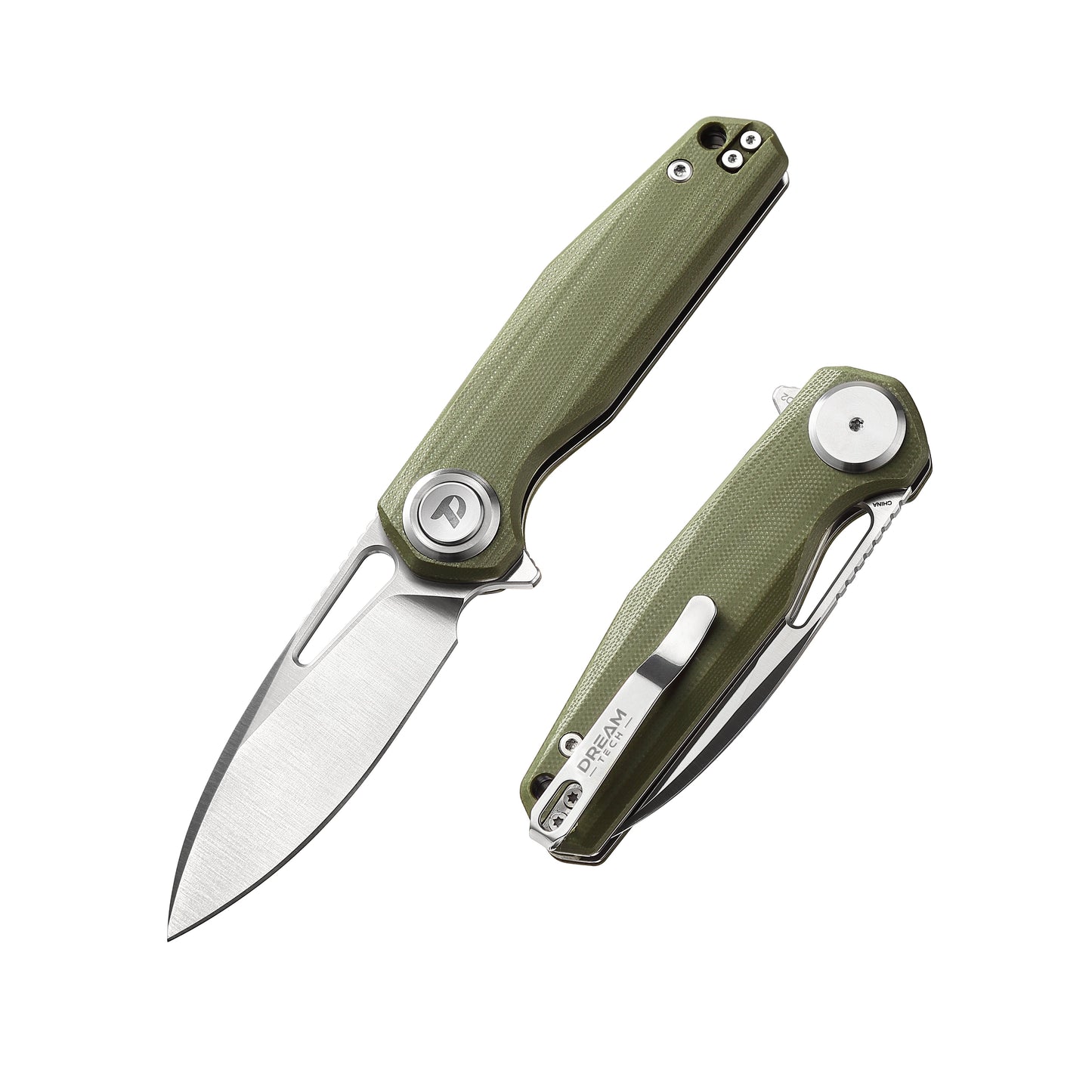 DreamTech D4211GGR front view – 4.25" satin D2 drop point folding knife, green G10 handle, button lock