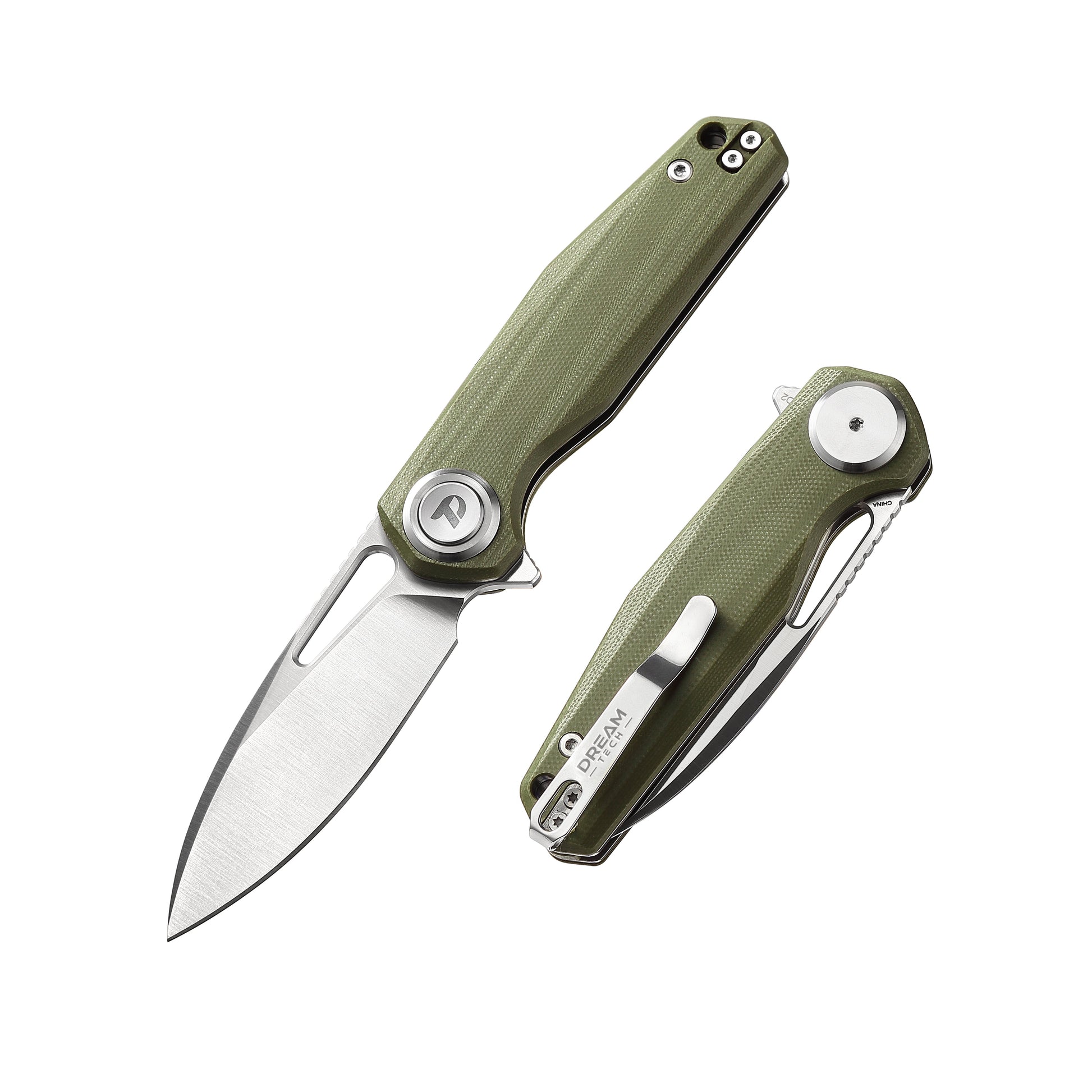 DreamTech D4211GGR front view – 4.25" satin D2 drop point folding knife, green G10 handle, button lock