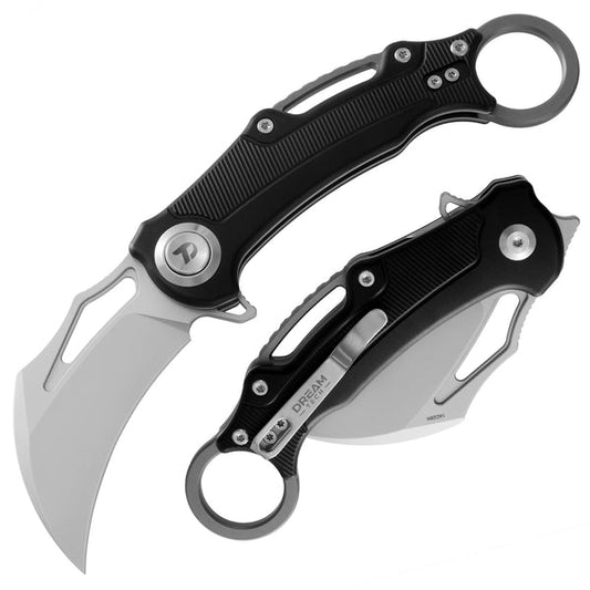 DreamTech D4221AB front view – 2.95" 14C28N hawkbill folding knife, aluminum handle, button lock