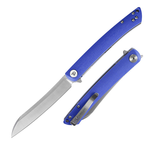 DreamTech D4224LBL front view – 3.74" satin D2 reverse tanto folding knife, blue G10 handle, liner lock
