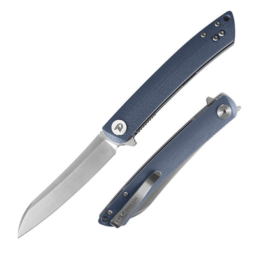 DreamTech D4224SD front view – 3.25″ satin D2 folding knife with denim blue G10 handle and liner lock