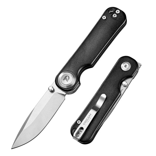 DreamTech D4245AB front view – 4.02" satin D2 drop point folding knife, black aluminum handle, button lock