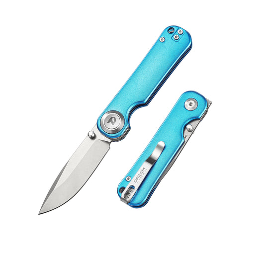 DreamTech D4245ABL front view – 4.02" satin D2 drop point folding knife, blue aluminum handle, button lock
