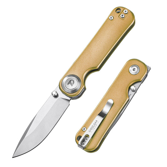 DreamTech D4245TGR front view – 4.02" satin VG10 drop point folding knife, gold titanium handle, button lock