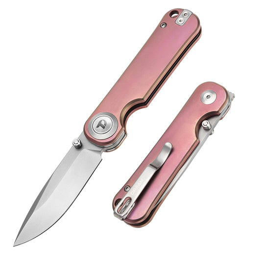 DreamTech D4245TP front view – 4.02" satin VG10 drop point folding knife, pink titanium handle, button lock