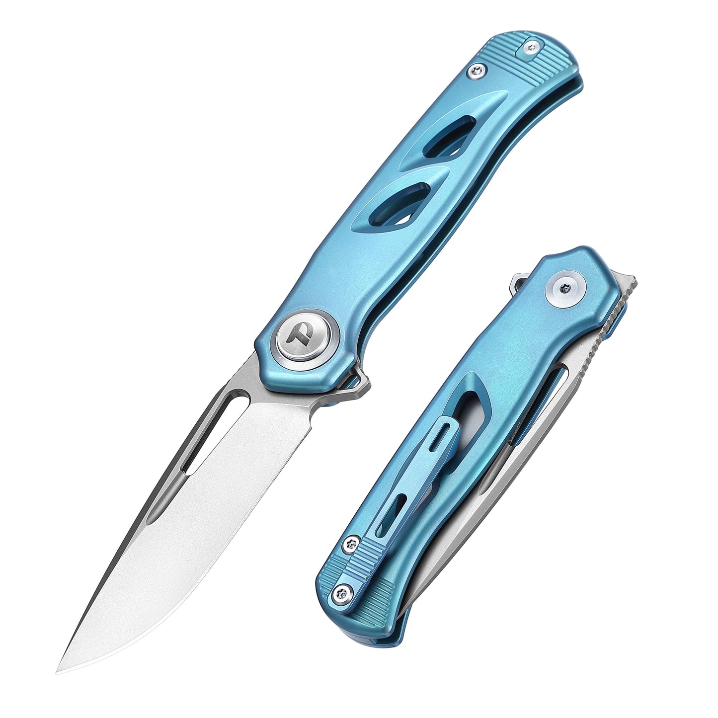 DreamTech D4260BL front view – 4.25" satin M390 drop point folding knife, blue titanium handle, button lock