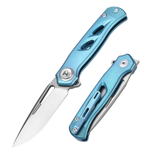 DreamTech D4260BL front view – 4.25" satin M390 drop point folding knife, blue titanium handle, button lock
