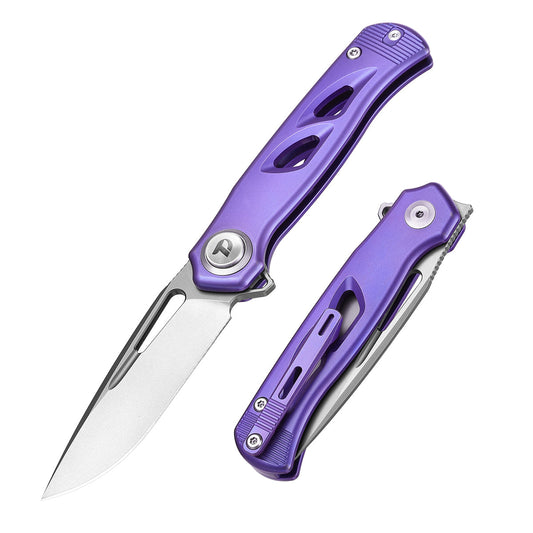 DreamTech D4260P front view – 4.25" satin M390 drop point folding knife, purple titanium handle, button lock