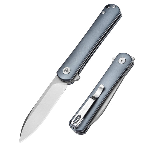 DreamTech D4280G front view – 4.02″ D2 folding knife with blue aluminum handle and liner lock