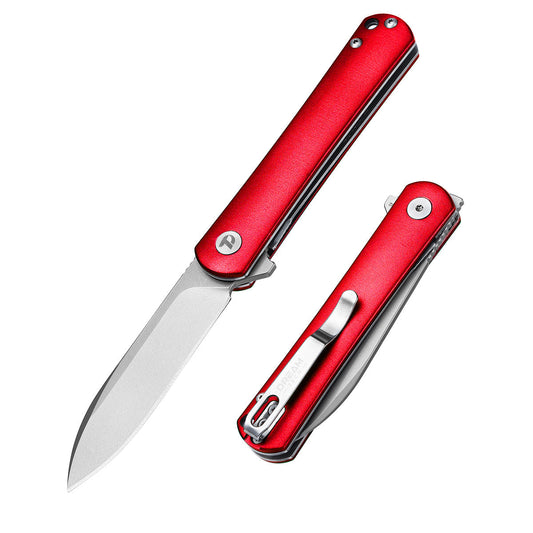 DreamTech D4280R front view – 4.02″ D2 blade, red aluminum handle, liner lock folding knife