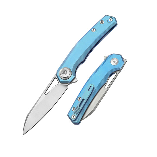 DreamTech D4281BL front view – 3.19" satin M390 reverse tanto folding knife, blue titanium handle, button lock