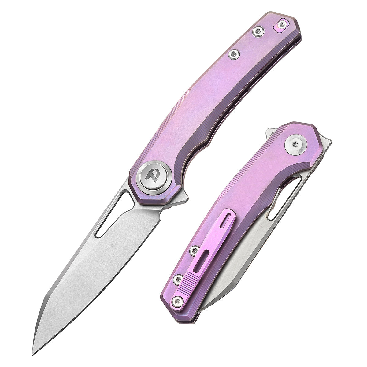 DreamTech D4281P front view – 3.19" satin M390 reverse tanto folding knife, pink titanium handle, button lock