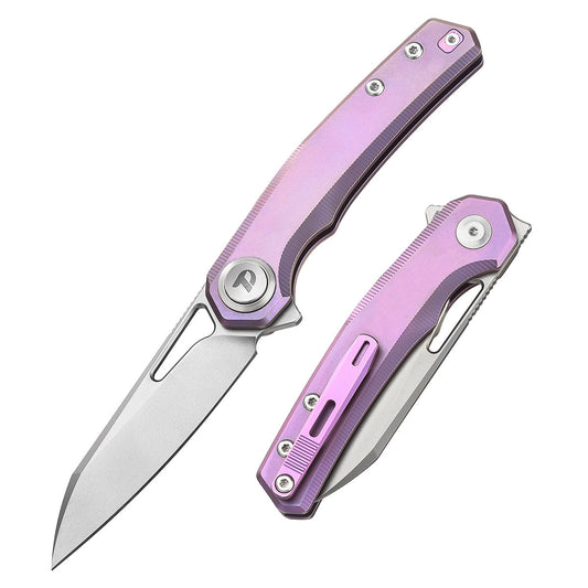 DreamTech D4281P front view – 3.19" satin M390 reverse tanto folding knife, pink titanium handle, button lock