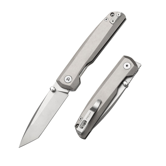 DreamTech D4283TG front view – 3.98" satin D2 tanto folding knife, gray titanium handle, liner lock