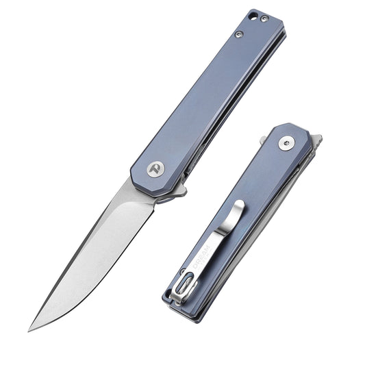 DreamTech D4286BL front view – 4.02″ VG10 blade, blue titanium handle, liner lock folding knife