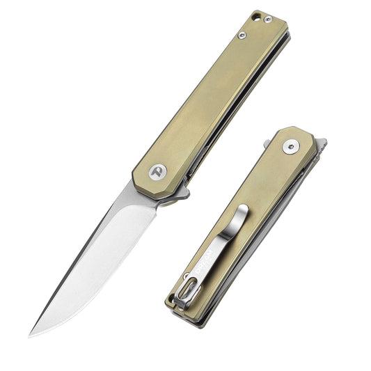 DreamTech D4286GR front view – 4.02″ VG10 blade, gold titanium handle, liner lock folding knife