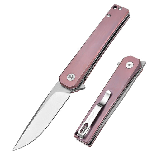DreamTech D4286P front view – 4.02″ VG10 folding knife with pink titanium handle and liner lock